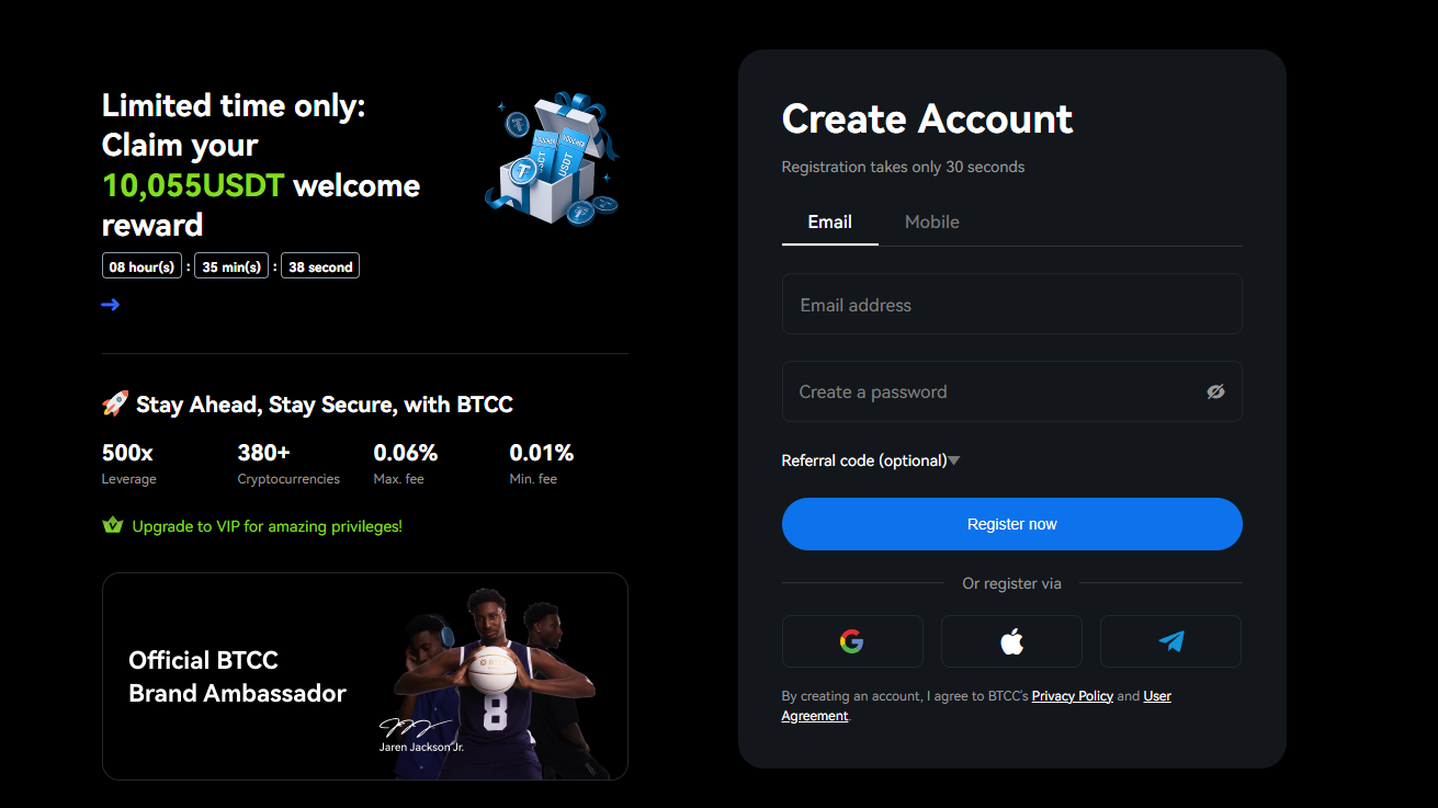 The main BTCC exchange login dashboard, highlighting the 'Markets' and 'Trade' sections for new users.